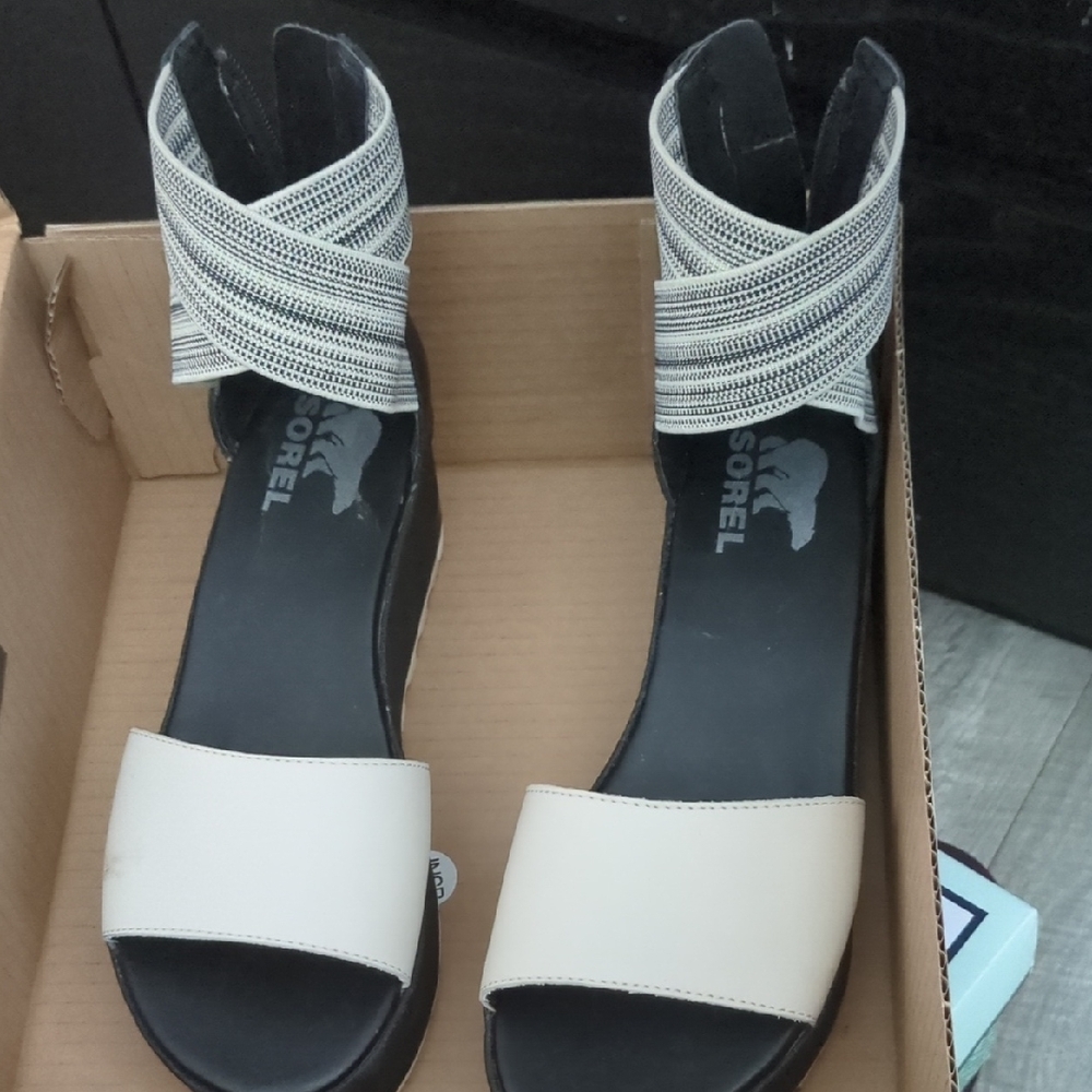 Sorel Black and Cream Sandals with Adjustable Ankle Straps